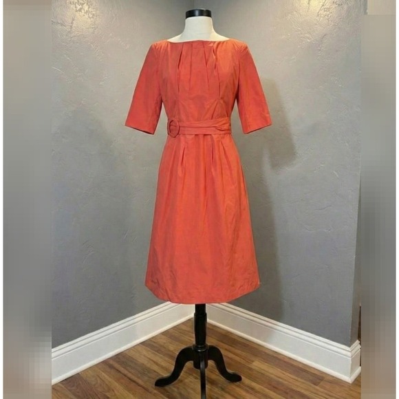 Mikarose Dresses & Skirts - Small Coral Orange Modest Belted High Neck Dress Short sleeve